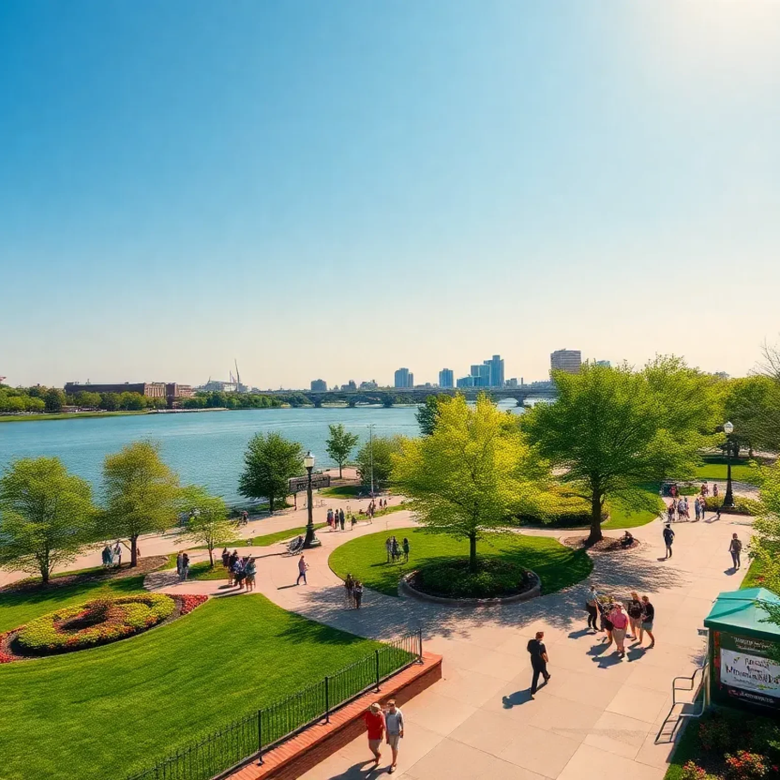 Scenic view of Waterfront Park in Louisville with the Ohio River and green spaces.