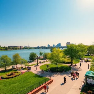 Scenic view of Waterfront Park in Louisville with the Ohio River and green spaces.