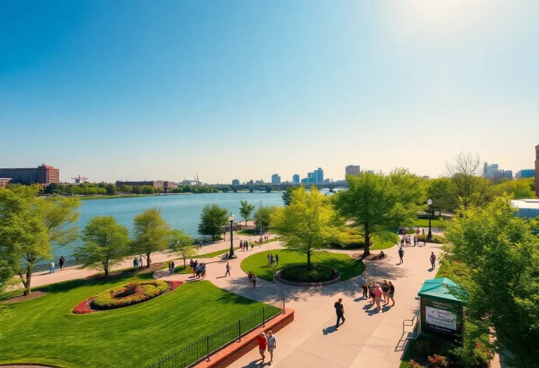 Scenic view of Waterfront Park in Louisville with the Ohio River and green spaces.