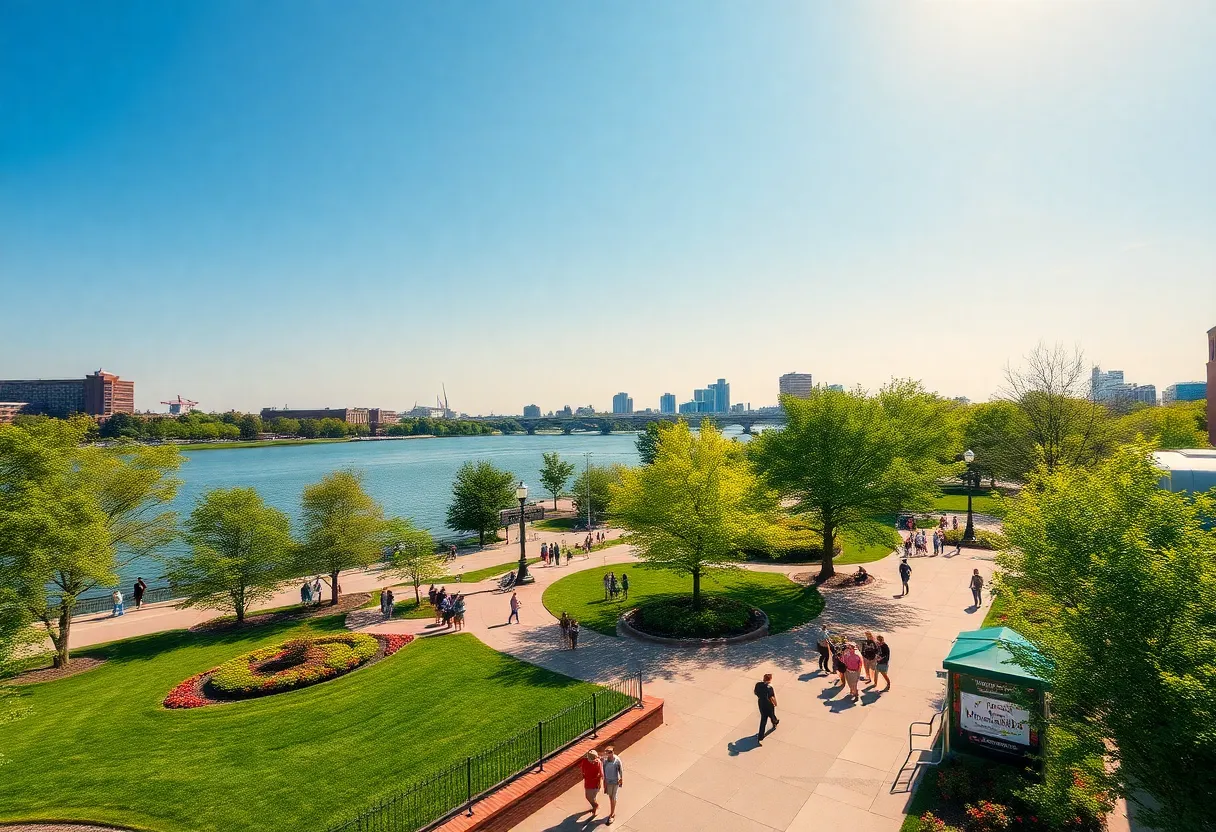 Scenic view of Waterfront Park in Louisville with the Ohio River and green spaces.